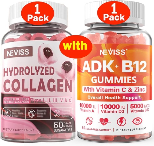 [BRSRAYLYCINQODQU] NEVISS 1Pack Hydrolyzed Collagen Gummies + 1Pack Vitamin ADK with B12 Gummies