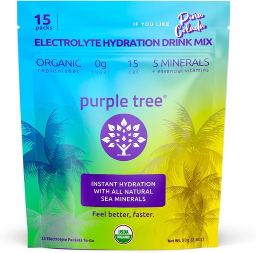 [BRSWGAL3C4GROELA] Purple Tree Organic Electrolyte Hydration Packets – Pina Colada Flavor, Sugar-Free Liquid Hydration Sticks for Rapid Rehydration, Daily Electrolyte Drink Mix for Dehydration Relief, 15 To-Go Packs