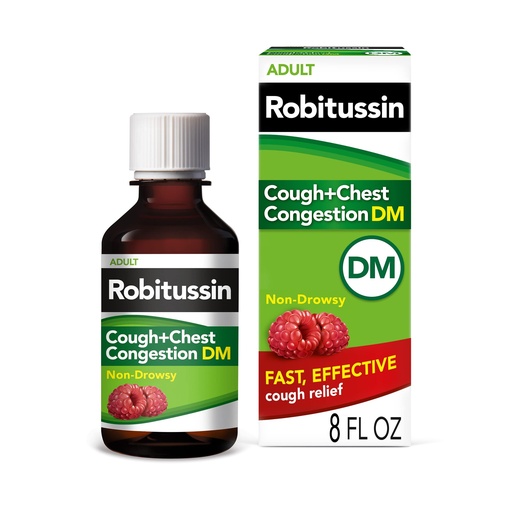 [BRSWKGD5CYMGMFA3] Robitussin Cough and Chest Congestion DM, Cough Suppressant and Expectorant, Raspberry Flavor - 8 Fl Oz Bottle
