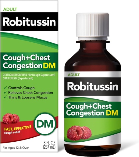 [BRSWKGD5CYMGMFA3] Robitussin Tuse şi Congestionare toracică DM, Tuse Supresant şi Expector, Aroma de zmeură - 8 Fl Oz Sticla