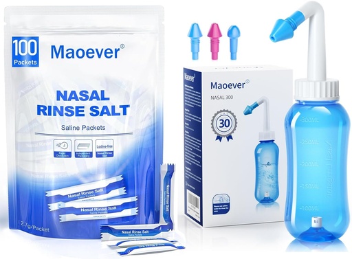 [BRSRMCT2DMGWA3QZ] MAOEVER Neti Pot with 130 Nasal Wash Salt Packets Sinus Rinse Bottle Nose Wash Cleaner Pressure Rinse Nasal Irrigation for Adult & Kid BPA Free 300 ML Sticker Thermometer