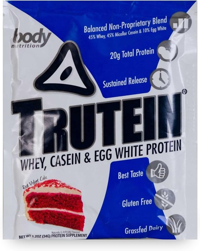 [BRSWKZT7CIIAICAV] Body Nutrition Trutein High Protein Powder: 45% Whey, 45% Kazein, 10% Jajca bela, Gluten-free, Nizki natrij, Grass Fed Whey Protein Powder, Gym Supplement & Break Shake, Red Velvet Cake, 34g Vzorec