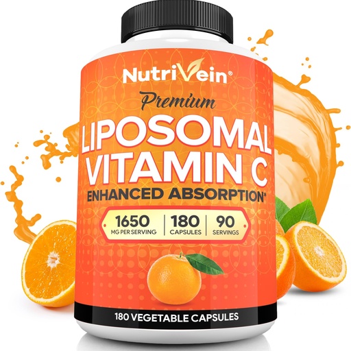 [BRSWGGLRCICRGELD] Nutrivein Premium Liposomal Vitamin C Supplement 1650mg - 180 Caps: High-Absorption High Dose Vitamin C Capsules for Whole-Body Defenses & Overall Well-Being