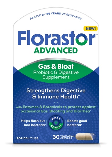 [BRSROBDRB5YRMC3A] Florastor Advanced Gas and Bloat Probiotic, Digestive Enzymes and Botanicals, Plus Probiotics for Digestive Health, 30 Capsules