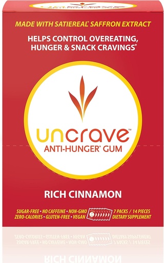[BRSWYZD7OUIR62D5] UNCRAVE Gum - Infused with 100% Pure Saffron Extract – Control Cravings - Improve Mood - Vision Health - Rich Cinnamon (14 Pieces)