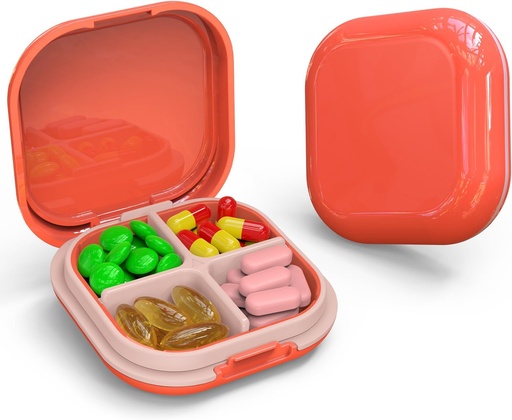 [BRSRAFIOABYBGEI4] Daily Pill Organizer 4 Compartments, Small Pill Box Portable Travel Pill Case, Mini Pill Container for Purse Pocket, Compact Travel Medicine Organizer for Vitamin, Cod Liver Oil, Supplement (Pink)