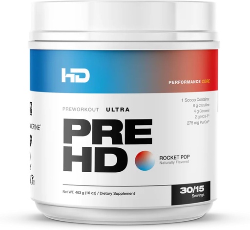 [BRSRAFIEB4HBECTG] HD MUSCLE PreHD Ultra Pre Workout | with Citrulline, NO3-T Nitrates, Creatine, Beta Alanine | 275mg Caffeine as Purcaf | 30/15 Servings (Rocket Pop)