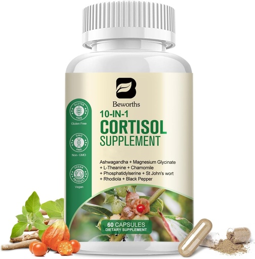 [BRSRAGD6OQGWMCTZ] Cortisol Supplements for Women, 10-in-1 Cortisol Reducer Manager Supplements with Ashwagandha, Magnesium Glycinate, L-Theanine, Rhodiola, Non-GMO, 60 Vegan Capsules