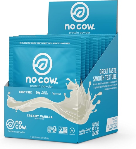 [BRSROGIDDF5QAH34] No Cow Vegan Protein Powder, Vanilla, 20g Plant Based Protein, Single Serve Packets, Dairy Free, Soy Free, No Sugar Added, Keto Friendly, Gluten Free, Naturally Sweetened, Non GMO, Kosher, 10 Count