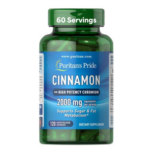 [BRSWI2T7O4DR6HTE] Puritan's Pride Cinnamon 875 mg with High Potency Chromium, Supports Sugar, Fat, and Healthy Nutrient Metabolism, Cellular Energy, 2 Month Supply, 120 Rapid Release Capsules