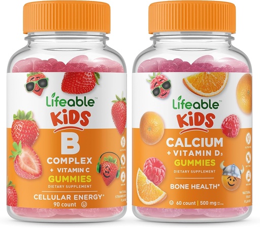 [BRSW2HAFOYBGCDQY] B Complexo de vida nenos + calcio con vitamina D nenos, Gummies Bundle - gran sabor, suplementos de vitamina, Gluten gratis, GMO libre, Gummy Chewable
