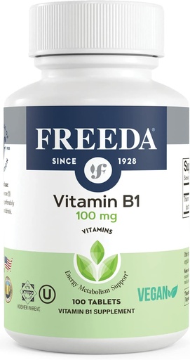 [BRSWIYIKBR4WK23E] Freeda Vitamin B1 Thiamine 100 mg - Enerji Metabolism, Nervous System Health - Kosher, Vegan, Gluten Free - Thiamin HCl 100 mg B 1 - Pure Vit B1 Vitamini Thiamine B1 Supplement (100 Ct)