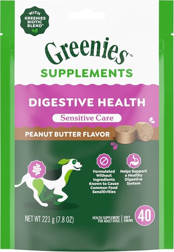 [BRSRAAYYBMFAA3I4] Greenies Sensitive Care Digestive Health Dog Supplement Chicken-Free Formula, with a Probiotic for Dogs, Peanut Butter Flavor, 40 Count Pouch