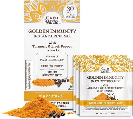 [BRSROEI2AB7Q2FLF] GuruNanda Golden Immunity Instant Drink Mix with Turmeric & Black Pepper - Rich in Antioxidants to Support Immune System & Digestive Health - Saffron & Almond Flavored, On-The-Go Sachets (30 Count)