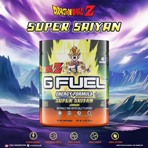 [BRSROAIEOUIAIYAZ] G Fuel Dragon Ball Z Energy Drink Powder, Pre Treeni kofeiini Mix pelaamista, sokeriton Focus Amino, vitamiini + antioksidantteja, 9,9oz (sitruunaa, 40 tarjoilua)