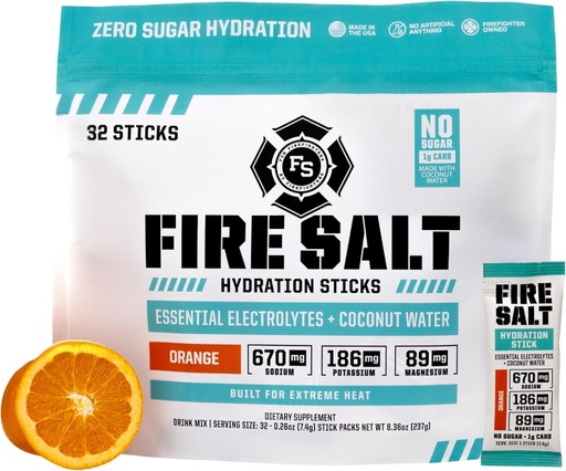[BRSRAAYFB4JRUHQY] Fire Science Fire Salt Hydration Sticks, Electrolytes & Coconut Water, Hydration Drink Mix med Magnesium, Potassium & Sodium, Zero Sugar, Single Serve On The Go Packs, Vegan, Orange Flavor, 32 Count