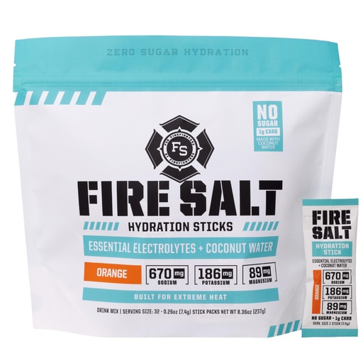 [BRSRAAYFB4JRUHQY] Fire Science Fire Salt Hydration Sticks, Electrolytes & Coconut Water, Hydration Drink Mix with Magnesium, Potassium & Sodium, Zero Sugar, Single Serve On the Go Packs, Vegan, Orange Flavor, 32 Count