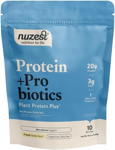 [BRSROHQNDIBQGALK] Nuzest - Protein + Probiotics – Gut Health - Superfood Powder Plant Protein Blend - 300g / 10.6 oz Pouch (10 Servings) (French Vanilla, 300g)