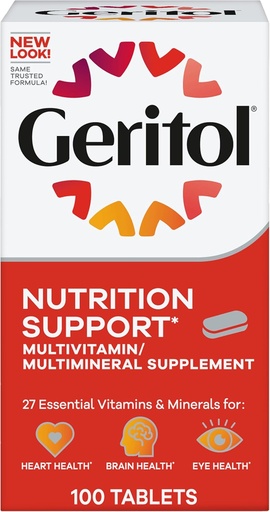 [BRSWGZQ2CMOWCHTD] Geritol, Multivitamine Supplement, Bevat B-Vitaminen, Antioxidanten, Vitaminen C, E & D en ijzer, 26 Essentiële Vitaminen en Mineralen, Glutenvrije, Non-GMO, Geen kunstmatige zoetstoffen, 100 Tabletten