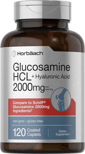 [BRSROCA5DF7QOAIU] Horbäach Glucosamine HCL | with Hyaluronic Acid | 2000mg | 120 Coated Caplets | Non-GMO & Gluten Free Supplement