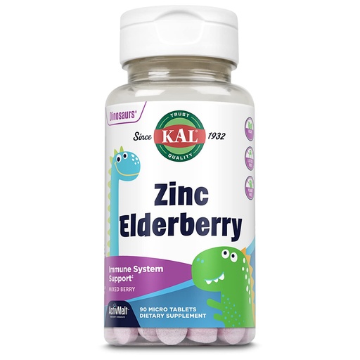 [BRSWIATRCZ5R23DO] KAL Kids Zinc Elderberry Dinosaurs, Immune Support Supplement* for Children w/ Sambucus Elderberry, Fast Dissolving Mixed Berry ActivMelts, Fun, Tasty Dino Shapes, Vegan, 90 Servings, 90 Micro Tablets