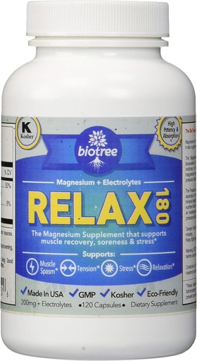 [BRSWIHAGOMHREDY7] BioTree Labs Erlaxatu 180 - 120, Magnesio eta Potasio Gehigarria Elektrolitoekin | Laguntzak Muscle Pain, Spasms & Tension | 60 egun