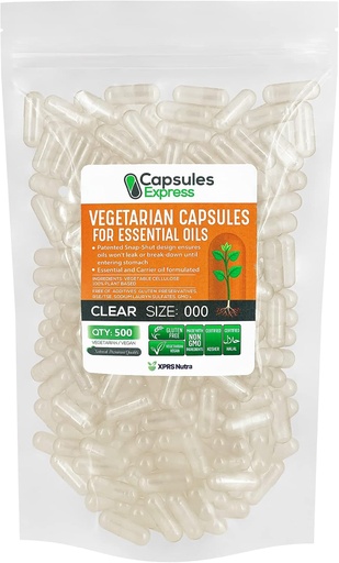[BRSW2ZIPA4MWCG32] XPRS Nutra Maat 000 Lege Vegan Capsules - 500 Tel Grote Heldere Veggie Capsules voor de meeste essentiële oliën - Lege plantaardige pillen - DIY Olievulling
