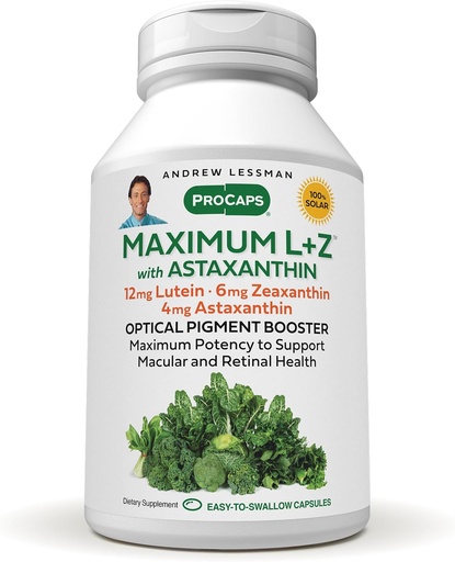 [BRSWYEAROUPQMDLO] ANDREW LESSMAN Maksimal L+Z med Astaxanthin 120 Softgels - 12 mg Lutein, 6 mg Zeaxanthin, 4 mg Astaxanthin. Nøkkelnæringsstoffer for å støtte øye og hjerne helse, og fremme sunn visjon.