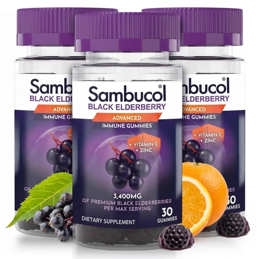 [BRSRAZYZCV6GOFIV] Sambucol Black Elderberry Gummies - Elderberry with Zinc and Vitamin C for Adults, Sambucus Elderberry Gummies, Immune Support Gummies - 30 Count, 3 Pack
