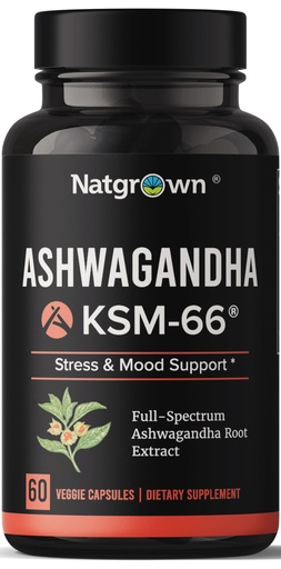 [BRSRAFQQAAMBMC3V] Natgrown Ashwagandha KSM 66 Supplement 600 mg - Stress, Mood, & Athletic Support - Organic KSM66 Root Extract with 5% Withanolides - Vegan Capsules - 60 Count