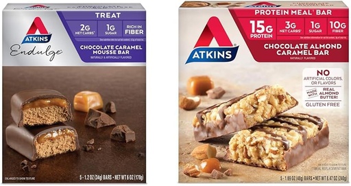 [BRSROCYKPIMAYYLJ] Atkins Endulge Chocolate Caramel Mousse Bar, Dessert Favorite, 1g Sugar, High in Fiber, 5 Count & Chocolate Almond Caramel Bar, Keto-Friendly, Gluten Free with Real Almond Butter, 5 Count (Pack of 1)