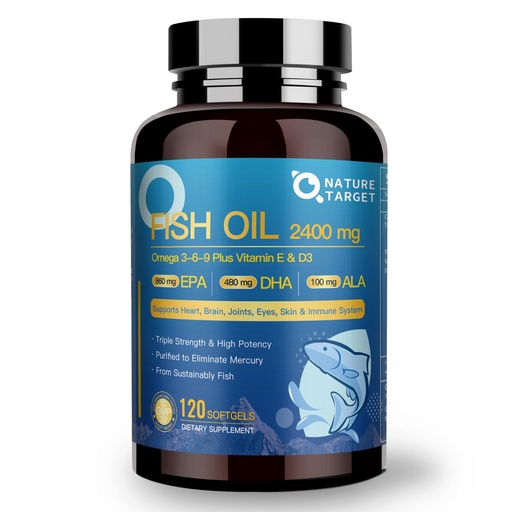 [BRSROAT2PN4AIFAV] NATURE TARGET Triple Omega 3 6 9, Fish Oil 2400mg Softgels with Vitamin D3 & E - EPA & DHA & ALA - Supports Heart, Brain, Joint & Immune Health, Sustainably Sourced, Non-GMO