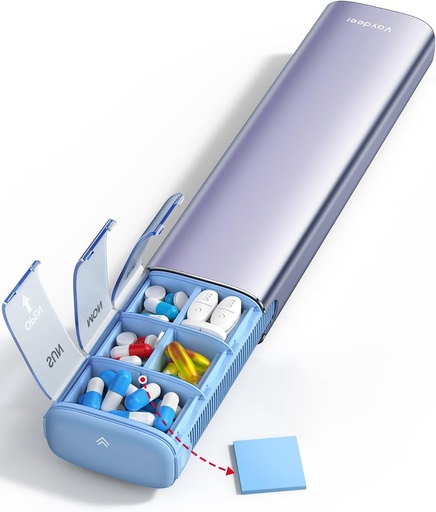 [BRSROAA5BYDQ4CLH] Vaydeer 7 Day Weekly Pill Organizer (Support 2 Times a Day), Metal Travel Pill Case, Large Capacity Daily Cute Pill Box for Supplements, Pills, Vitamins and Medication (Purple), 8.3*2.1*1.2 Inch