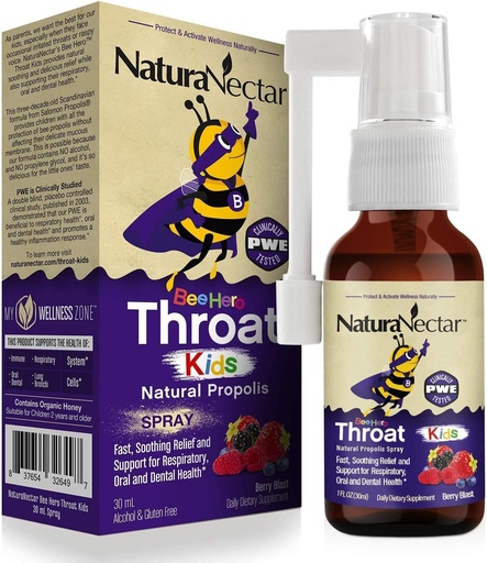 [BRSWIFYAAAJWOG3A] NaturaNectar - BeeHero Brasiliansk Bee Propolis Throat Spray - Throat Relief for barn - for komfort og beskyttelse - Eksklusiv Berry Blast Flavor (1 pakke, 1 fl Oz)