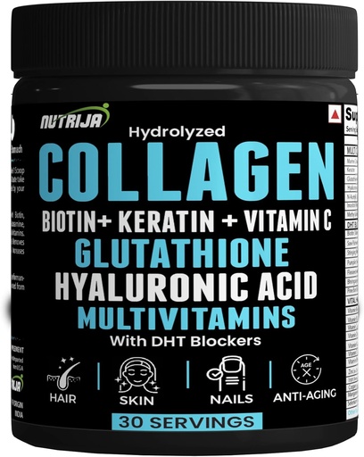 [BRSROGL7CEDQECL3] Collagen Powder with Glutathione, Hyaluronic Acid, Vitamin C, E, Zinc with DHT Blockers & Multivitamins - 30 Servings (Unflavoured)