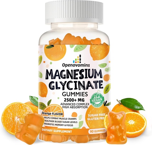 [BRSRAGQTCUMBQDY3] Magnesio Glycinate Gummies - Suplemento de potasio de magnesio libre de azucre con vitamina D, B6, CoQ10 para o estado de ánimo e sono - 90 Orange Gummies