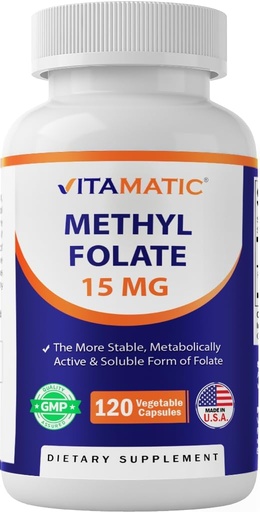[BRSW2HYFBYAROA3H] Vitamatic Methyl Folate 15mg – 120 Vegetable Capsules Optimized and Activated High Potency – Metabolically Active Folate