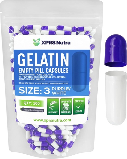 [BRSWY2QLPMHQ4F3K] XPRS Nutra Size 3 Empty Capsules - 100 Count Empty Gelatin Capsules - Pills DIY Capsule Filling - Pure Bovine Pill Gel Caps for Do-It-Yourself Supplements (Purple/White)