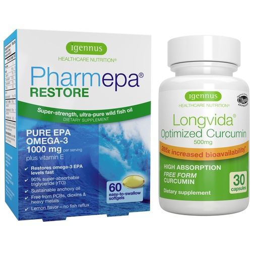 [BRSW2CQDOR5BQ3YU] Pharmepa Restore & Longvida Lipidated Curcumin 500mg Bundle, 1000mg Pure EPA Omega-3 Fish Oil & Ultra Bioavailable Curcumin, by Igennus