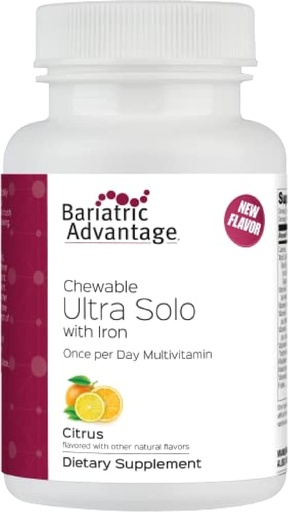 [BRSW2BQYOQHQ4FD3] Bariatric Advantage Chewable Ultra Solo with Iron - Once-Per-Day Daily Multivitamin - for Bariatric Patients - with Thiamin, Vitamin A & More - Gluten Free - Citrus - 30 Tablets
