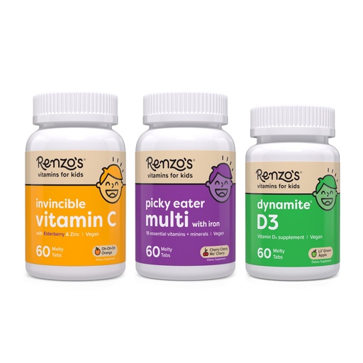 [BRSWYBIBA4BREF3P] Renzo's Vitamins Immune Support Bundle - Vitamin C with Elderberry & Zinc for Immune Support, Picky Eater Kids Multivitamin, and Vitamin D3