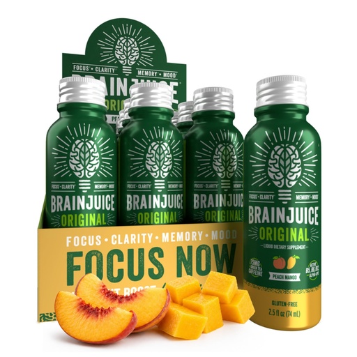 [BRSWIZIRCR5Q2YLC] BrainJuice Brain Support Shot, Gluten Free Supplement Shots for Energy & Focus, Healthy Drinks with Alpha GPC, Vitamin B, 2.5 fl oz, 12 Pack (Peach Mango Caffeinated)
