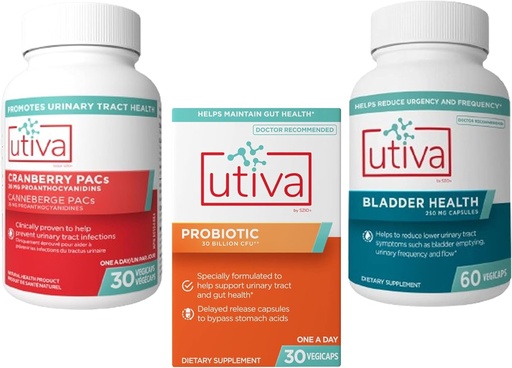 [BRSROBIBBB6ROAAU] 15% Bundle Utiva Cranberry PACs Supplement for Urinary Tract Health 30 Vegi Capsule + Utiva Probiotic for Gut and Urinary Tract Health 30 Delayed Release Vegi Capsule + Utiva Bladder Health 60 Capsule