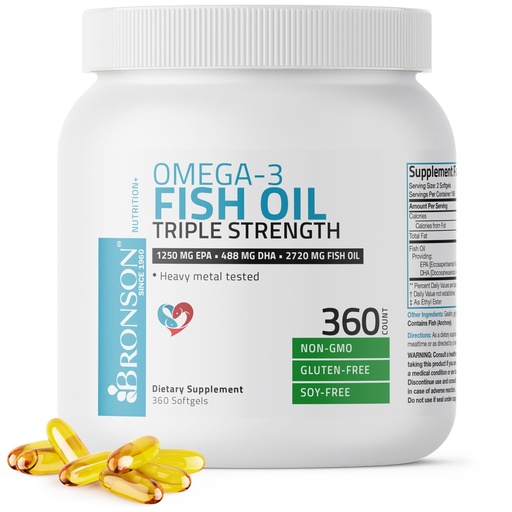 [BRSWKGAIDN4RSETM] Bronson Omega 3 Fish Oil Triple Strength 2720 mg, High EPA 1250 mg DHA 488 mg, Non-GMO Heavy Metal Tested, 360 Softgels