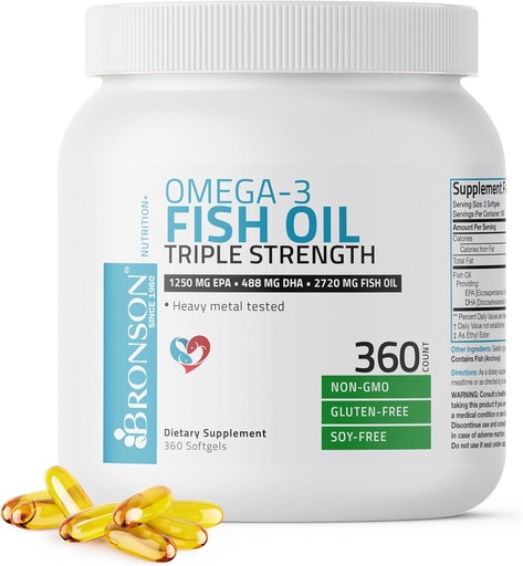 [BRSWKGAIDN4RSETM] Bronson Omega 3 Fish Oil Triple Strength 2720 mg, High EPA 1250 mg DHA 488 mg, Non-GMO Heavy Metal Tested, 360 Softgels