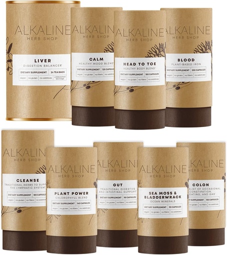 [BRSW2AL5CVYAIAIZ] Alkaline Herb Shop The Body Essentials Bundle - Sea Moss & Bladderwrack, Chlorophyl, Iron, Happy Healthy Body, Happy Colon, Happy Lymph, Gut, Happy Liver Tea and Happy Mood