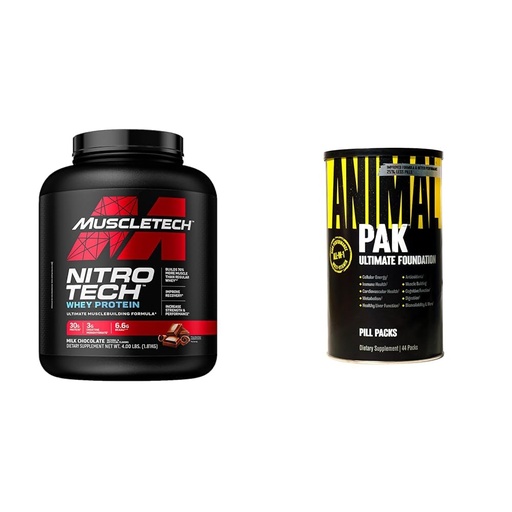 [BRSROBQCC5YQYE34] Muscletech Whey Protein Powder Nitro-Tech Whey Protein Isolate & Peptides & Animal Pak - Convenient All-in-One Vitamin & Supplement Pack