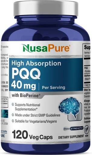 [BRSROAD7DMMAOET4] NusaPure PQQ Suplement 40 mg, 120 Veggie Capsules, Non- GMO, Pyrrroloquinoline Quinone Disodium Salt, Bioperin