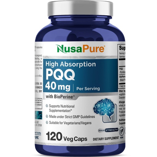 [BRSROAD7DMMAOET4] NusaPure PQQ Supplement 40 mg, 120 Veggie Capsules, Non-GMO, Pyrroloquinoline Quinone Disodium Salt, Bioperine & Vegan