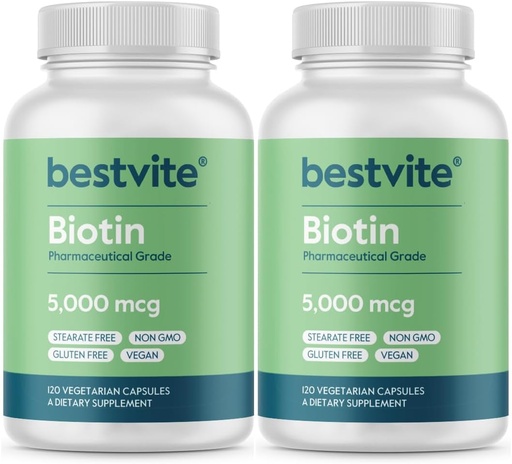 [BRSWYZ34CEIA2GT6] BESTVITE Biotin 5000mcg (240 вегетарианских капсул) (120 x 2) - Нет стеаратов - нет агентов потока - Веган - Не ГМО - Глютен свободный - Волосы, кожа, ногти